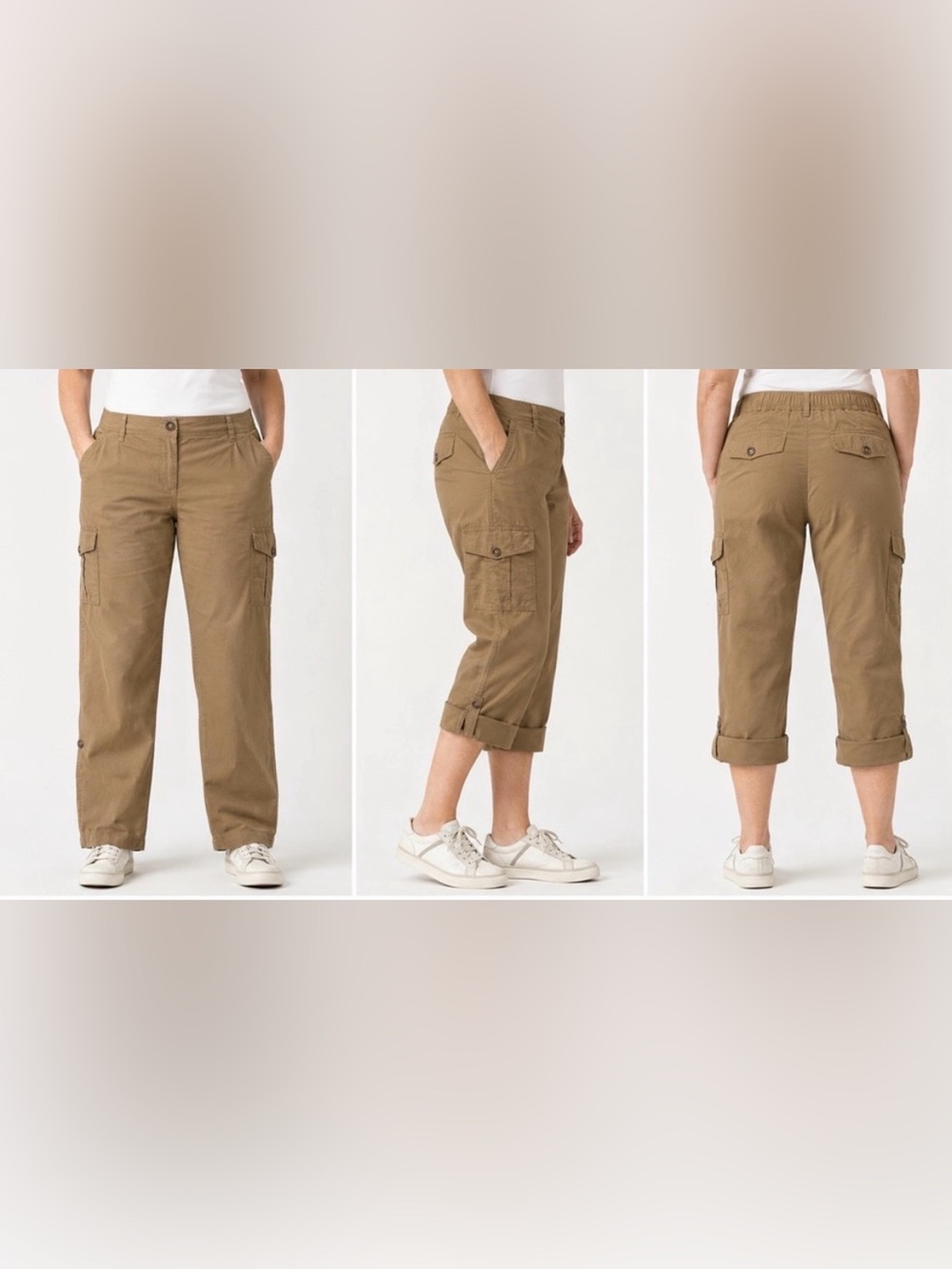 Lands’ End Women’s Size 20 Khaki Cargo Pants Roll Tab 100% Cotton